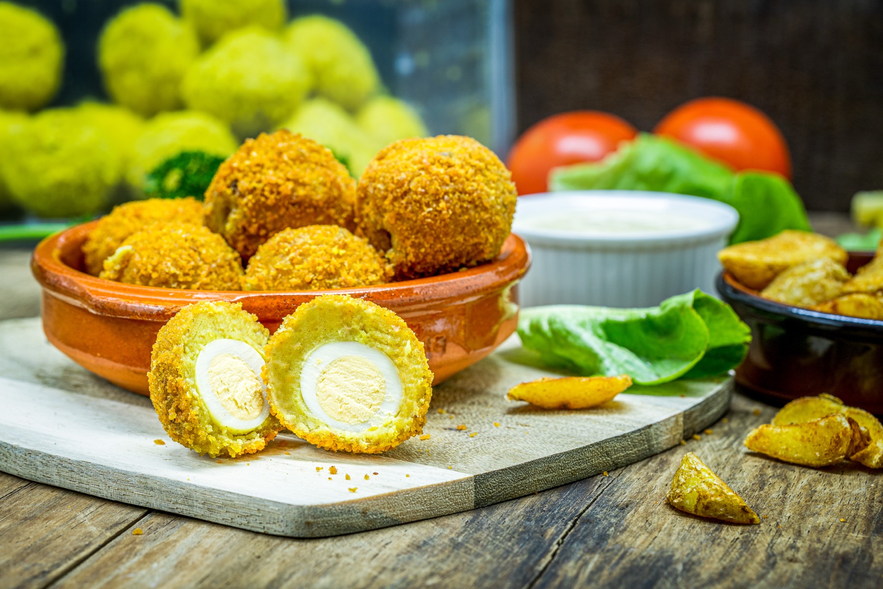 Eierballen in schaal met salade