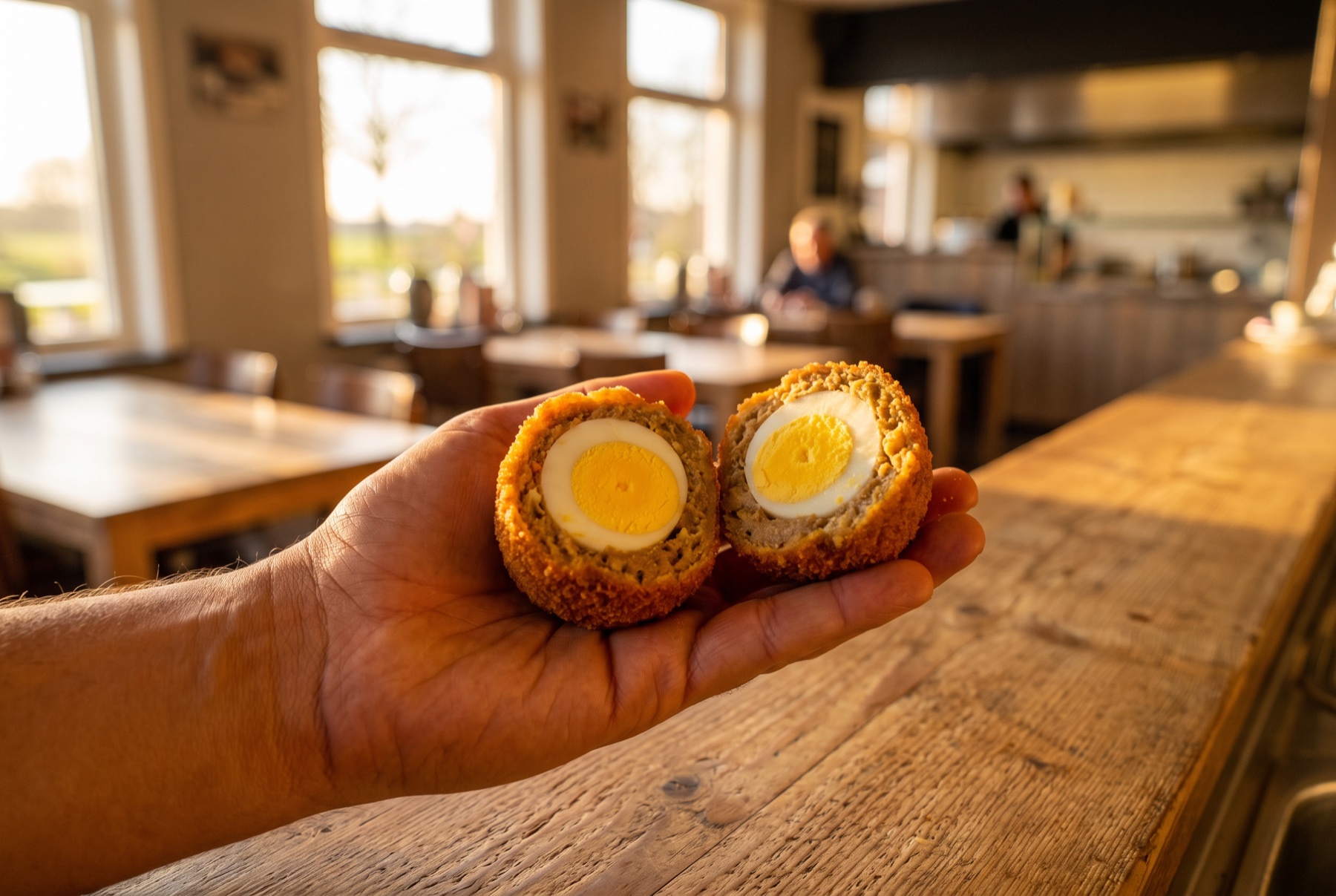 Groningse eierbal in de hand, doorgesneden